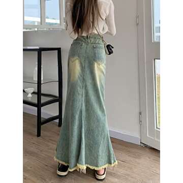 LISUEYNE Women's Casual Stretch Waist Washed Denim Ruffle Fishtail Skirts Long Jean Skirt (Navy-001, Small)