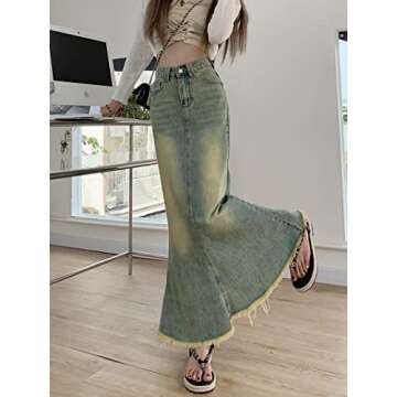 LISUEYNE Women's Casual Stretch Waist Washed Denim Ruffle Fishtail Skirts Long Jean Skirt (Navy-001, Small)