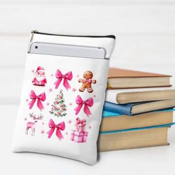 Book Sleeve for Book Lovers Gifts for Christmas Book Lover Gifts for Readers Christmas Birthday Gifts for Women Men Pink Christmas Book Cover for Paperbacks Hardcover with Zipper