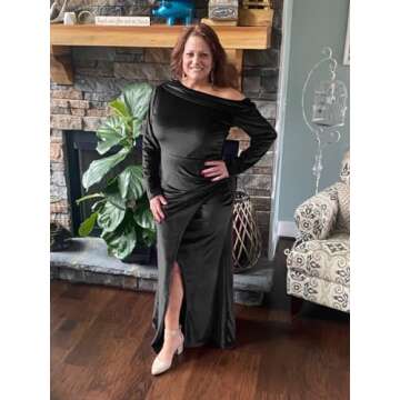 Women's Black Velvet Formal Dresses Elegant One Shoulder Ruched Evening Gowns Sexy Long Sleeve High Split Party Dress