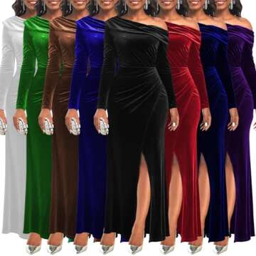 Women's Black Velvet Formal Dresses Elegant One Shoulder Ruched Evening Gowns Sexy Long Sleeve High Split Party Dress