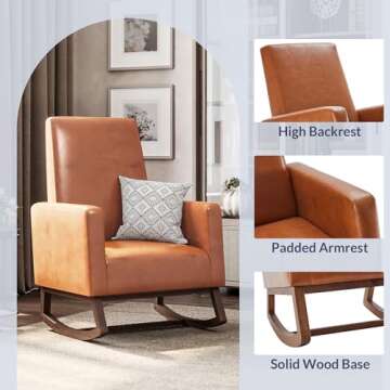 BELLEZE Modern Rocking Chair, Faux Leather Nursery Glider Rocker with Comfortable Padded Seat Solid Wood Base, Upholstery Arm Chair for Living Room Bedroom Baby Room - Felix (Caramel)