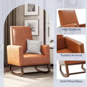 BELLEZE Modern Rocking Chair, Faux Leather Nursery Glider Rocker with Comfortable Padded Seat Solid Wood Base, Upholstery Arm Chair for Living Room Bedroom Baby Room - Felix (Caramel)