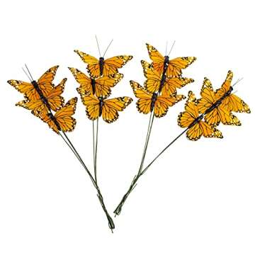 Berfutall- Monarch Butterfly Decor, Feather Butterfly Decorations Set of 12 with Wire, 3", Orange
