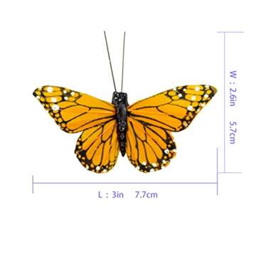 Berfutall- Monarch Butterfly Decor, Feather Butterfly Decorations Set of 12 with Wire, 3", Orange
