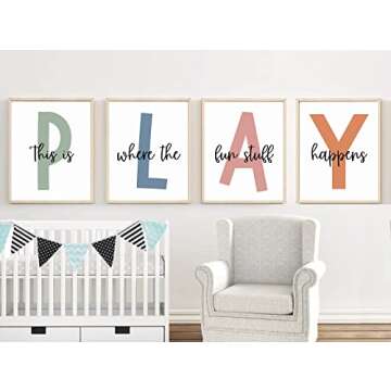 Baccone Kids Playroom Wall Art Playroom Wall Decor Childrens Playroom Canvas Prints Boy Kids Room Wall Art Decor Toddler Nursery Wall Art Playroom Artwork Let'S Play Sign 12x16 Inch Set of 4 UNFRAMED