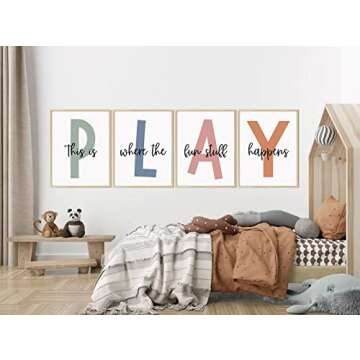Baccone Kids Playroom Wall Art Playroom Wall Decor Childrens Playroom Canvas Prints Boy Kids Room Wall Art Decor Toddler Nursery Wall Art Playroom Artwork Let'S Play Sign 12x16 Inch Set of 4 UNFRAMED