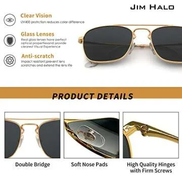 JIM HALO Retro Square Aviator Sunglasses Premium Glass Lens Flat Metal Eyewear Men Women (Gold/Grey)