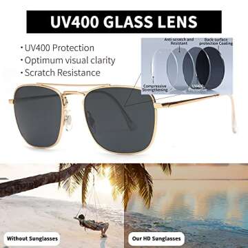 JIM HALO Retro Square Aviator Sunglasses Premium Glass Lens Flat Metal Eyewear Men Women (Gold/Grey)