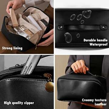 MINGRI Large Capacity Travel Cosmetic Bag for Women,Portable PU Leather Makeup Bag Water Resistant,Flat Open Multifunctional Storage Travel Toiletry Bag with Divider and Handle (Black)