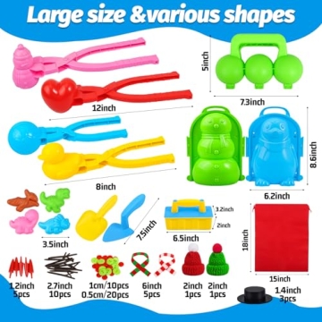 Japior 60pcs Snow Toys for Kids with Snowman Soccer Heart Duck Snowball Maker Tool Penguin and Dinosaur Snow Molds Toys Mini Snowman Decorating Accessories, and Other Winter Outdoor Game Essentials