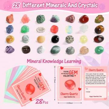 Valentines Day Cards for Kids School, 28 Sets Valentines Day Cards Natural Gemstone Crystals Rocks Minerals Bulk, Valentine Exchange Card for Kids Girls Boys School Class Classroom Party Favors (#1)