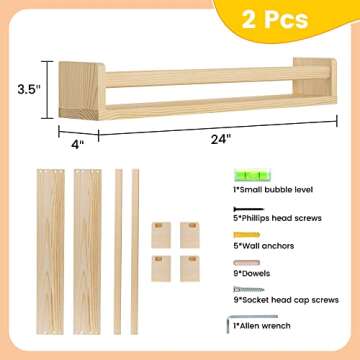 Fun Memories Nursery Book Shelves, 24Inch Floating Shelf for Wall, Wall Bookshelf for Kids Solid Wood Wall Mounted Shelves for Books,Toys and Decor Storage, Set of 2