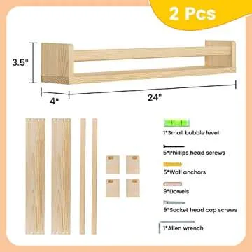 Fun Memories Nursery Book Shelves, 24Inch Floating Shelf for Wall, Wall Bookshelf for Kids Solid Wood Wall Mounted Shelves for Books,Toys and Decor Storage, Set of 2