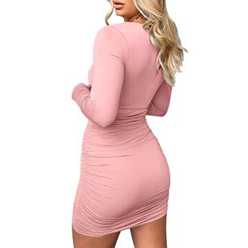 Kaximil Women's Sexy Bodycon Long Sleeve Cut Out Ruched Mini Club Party Dresses, Medium, Pink