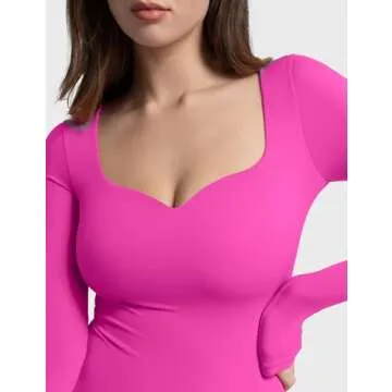 PUMIEY Long Sleeve Bodysuits for Women Sweetheart Neck Double Lined Body Suits Going Out Tops, Blush Small