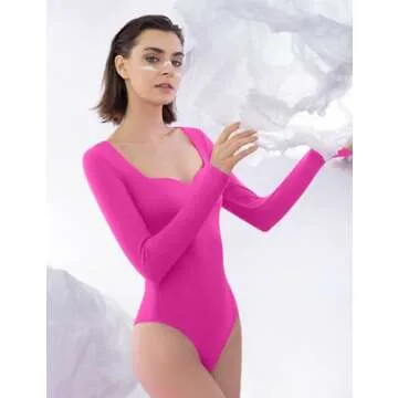 PUMIEY Long Sleeve Bodysuits for Women Sweetheart Neck Double Lined Body Suits Going Out Tops, Blush Small