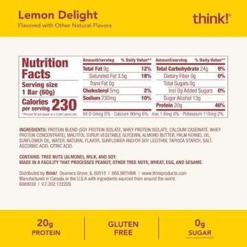 think! Protein Bars, High Protein Snacks, Gluten Free, Kosher Friendly, Lemon Delight, Nutrition Bars, 2.1 Oz per Bar, 10 Count (Packaging May Vary)