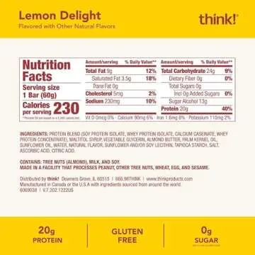 think! Protein Bars, High Protein Snacks, Gluten Free, Kosher Friendly, Lemon Delight, Nutrition Bars, 2.1 Oz per Bar, 10 Count (Packaging May Vary)