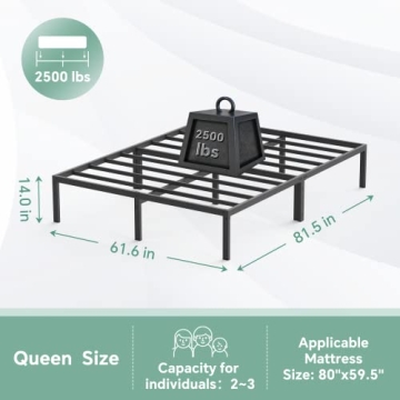 FEMOND Queen Bed Frame - Heavy Duty, Noise-Free, 2500lb Support