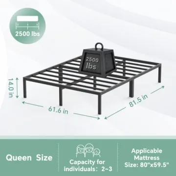FEMOND Queen Bed Frame - Heavy Duty, Noise-Free, 2500lb Support