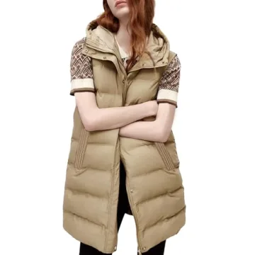Tanming Women's Long Puffer Vest Casual Sleeveless Puffy Jacket with Removable Hood (Khaki-XS)