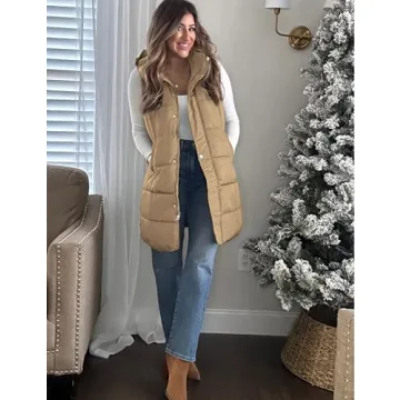 Tanming Women's Long Puffer Vest Casual Sleeveless Puffy Jacket with Removable Hood (Khaki-XS)