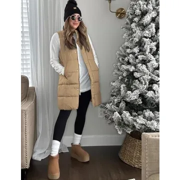 Tanming Women's Long Puffer Vest Casual Sleeveless Puffy Jacket with Removable Hood (Khaki-XS)