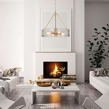 ZEVNI Gold Chandelier, 4-Light Modern Chandelier Light Fixture, 19.5" Dia Glass Drum Chandelier for Dining Room, Foyer, Kitchen, Bedroom, Living Room