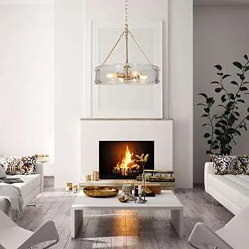 ZEVNI Gold Chandelier, 4-Light Modern Chandelier Light Fixture, 19.5" Dia Glass Drum Chandelier for Dining Room, Foyer, Kitchen, Bedroom, Living Room