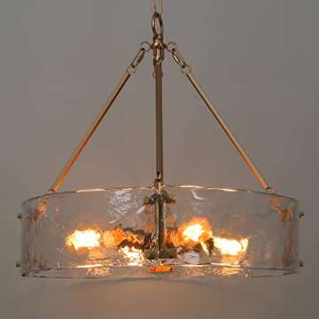 ZEVNI Gold Chandelier, 4-Light Modern Chandelier Light Fixture, 19.5" Dia Glass Drum Chandelier for Dining Room, Foyer, Kitchen, Bedroom, Living Room