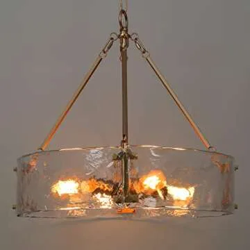 ZEVNI Gold Chandelier, 4-Light Modern Chandelier Light Fixture, 19.5" Dia Glass Drum Chandelier for Dining Room, Foyer, Kitchen, Bedroom, Living Room