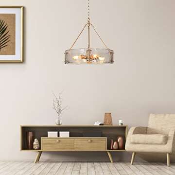 ZEVNI Gold Chandelier, 4-Light Modern Chandelier Light Fixture, 19.5" Dia Glass Drum Chandelier for Dining Room, Foyer, Kitchen, Bedroom, Living Room