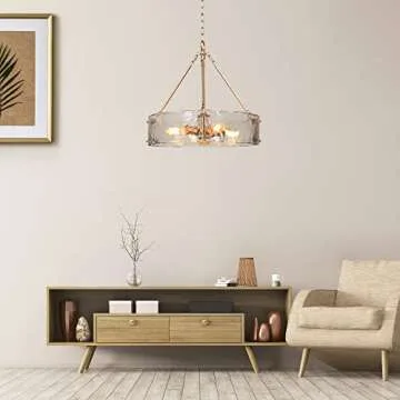 ZEVNI Gold Chandelier, 4-Light Modern Chandelier Light Fixture, 19.5" Dia Glass Drum Chandelier for Dining Room, Foyer, Kitchen, Bedroom, Living Room