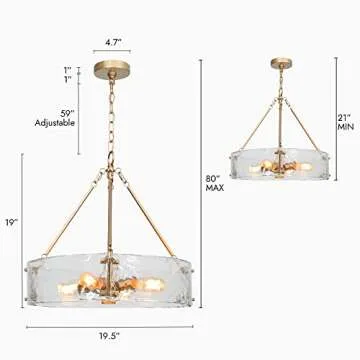 ZEVNI Gold Chandelier, 4-Light Modern Chandelier Light Fixture, 19.5" Dia Glass Drum Chandelier for Dining Room, Foyer, Kitchen, Bedroom, Living Room