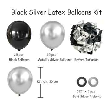 Black and Metallic Silver Balloons, 50PCS Black and Silver Balloons Party Decorations 12 Inch Black ...