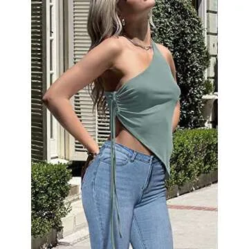 Zaoqee Women's 2 Pack One Shoulder Tank Tops Cut Out Side Drawstring T Shirts Going Out Sexy Trendy Tops White & Sage Green X-Small