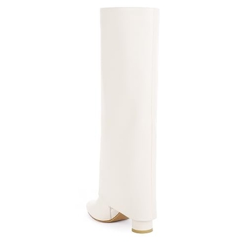 Modatope White Fold Over Knee High Boots White Boots for Women Knee High Boots Women Pointed Chunky Heeled Tall Boots Long Boots Size 7.5