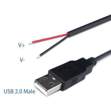 Jienk 5Pcs 1Ft 30CM 22AWG USB 2.0 Male 2Pin Pigtail Cable, 3A 5V USB Type A 2 Core Bare Wire Open End Extension Cable for DIY Repair Cable