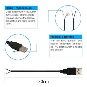 Jienk 5Pcs 1Ft 30CM 22AWG USB 2.0 Male 2Pin Pigtail Cable, 3A 5V USB Type A 2 Core Bare Wire Open End Extension Cable for DIY Repair Cable