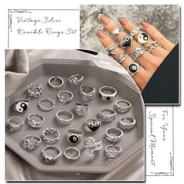 IFKM 15-63 PCS Vintage Silver Knuckle Rings Set for Women Teen Girl, Stackable Joint Finger Statement Rings Bohemian Retro Hollow Carved Midi Rings, Boho Y2k Snake Butterfly Heart Chunky Stacking