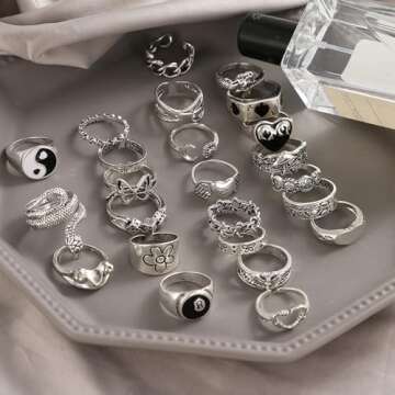 IFKM 15-63 PCS Vintage Silver Knuckle Rings Set for Women Teen Girl, Stackable Joint Finger Statement Rings Bohemian Retro Hollow Carved Midi Rings, Boho Y2k Snake Butterfly Heart Chunky Stacking