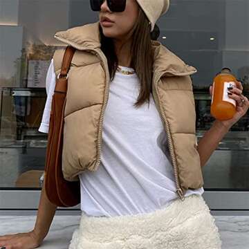 AMEBELLE Women's Cropped Puffer Vest Lightweight Warm Padded Crop Puffy Vest Gilet(2000-Khaki-M)