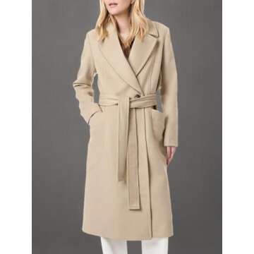 Danedvi Women's Notch Lapel Collar Pea Coat Long Sleeve Casual Fall Winter Long Overcoat with Belt