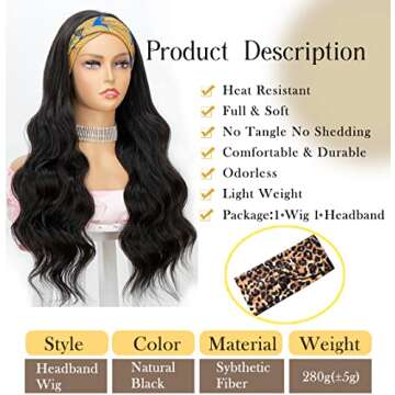 Body Wave Headband Wig Synthetic Natural Color Long Wavy Wig for Black Women Glueless Wig with Headband Attached 180% Density Heat Friendly 22 inch