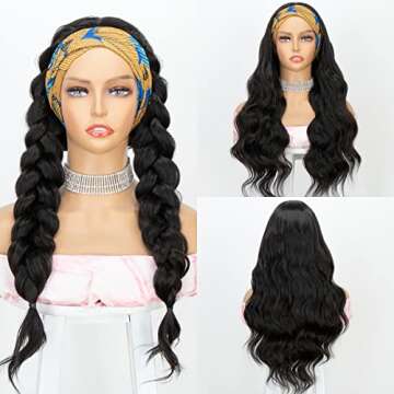 Body Wave Headband Wig Synthetic Natural Color Long Wavy Wig for Black Women Glueless Wig with Headband Attached 180% Density Heat Friendly 22 inch