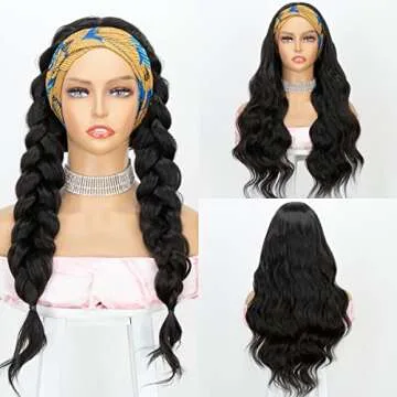 Body Wave Headband Wig Synthetic Natural Color Long Wavy Wig for Black Women Glueless Wig with Headband Attached 180% Density Heat Friendly 22 inch