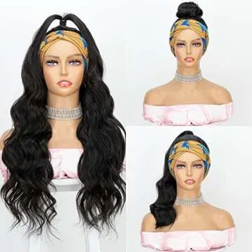 Body Wave Headband Wig Synthetic Natural Color Long Wavy Wig for Black Women Glueless Wig with Headband Attached 180% Density Heat Friendly 22 inch