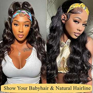 Body Wave Headband Wig Synthetic Natural Color Long Wavy Wig for Black Women Glueless Wig with Headband Attached 180% Density Heat Friendly 22 inch