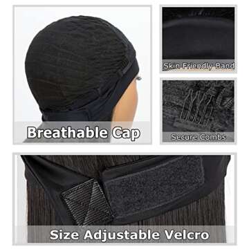 Body Wave Headband Wig Synthetic Natural Color Long Wavy Wig for Black Women Glueless Wig with Headband Attached 180% Density Heat Friendly 22 inch